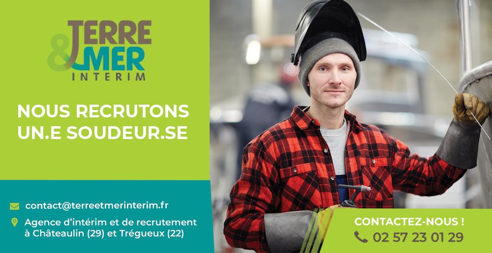📢 OFFRE D'EMPLOI
Nous recrutons des #SOUDEURS (H/F) à #SIZUN (29) en INTÉRIM
Le poste peut évoluer vers un CDI
 
Contactez-nous au 02 57 23 01 29 et envoyez votre CV à contact@terreetmerinterim.fr ou annonces-interim.bzh/terre--mer-int…
 
 À bientôt ! 😉
#Recrutement #offredemploi