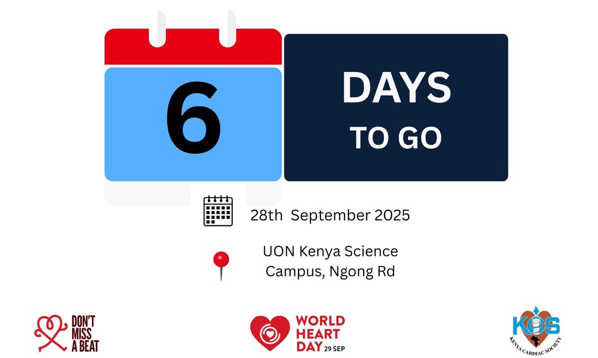 ⏳ 6 days to go! Don’t miss a beat ❤️
📅 Sept 28 | 7:00AM–4:00PM
📍 UON Kenya Science Campus, Ngong Rd
#WorldHeartDay2025 #HeartHealth #KenyaCardiacSociety