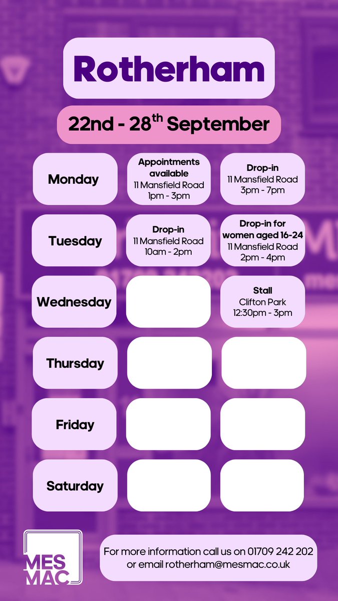Find us across #Rotherham this week for sexual health and mental health support 👇

It's fast, free &amp; confidential 💜