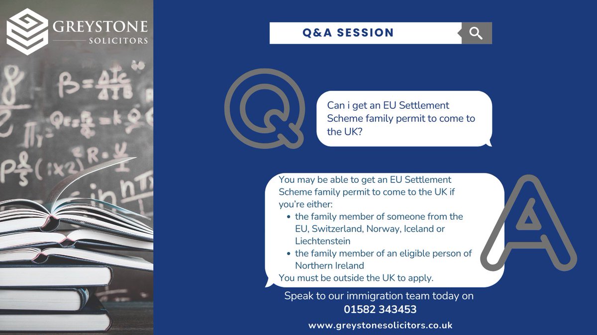 GreystoneSols's tweet image. Do you need an EU Settlement Scheme family permit to come to the UK?

You may be eligible if you’re a family member of someone from the EU, Switzerland, Norway, Iceland, Liechtenstein, or Northern Ireland.

Need help? Contact our immigration experts.

#UKImmigration #VisaHelp