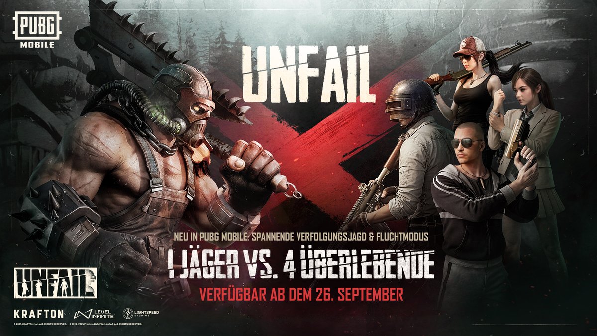 PUBGM_DE's tweet image. UNFAIL | Erscheint am 26. September
Neuer spannender Verfolgungs- und Flucht-Spielmodus
1 JÄGER GEGEN 4 ÜBERLEBENDE
Bleibt dran!

📱Jetzt herunterladen: pubgmobile.live/unfail400
#PUBGMOBILE 
#UNFAIL 
#PUBGM400