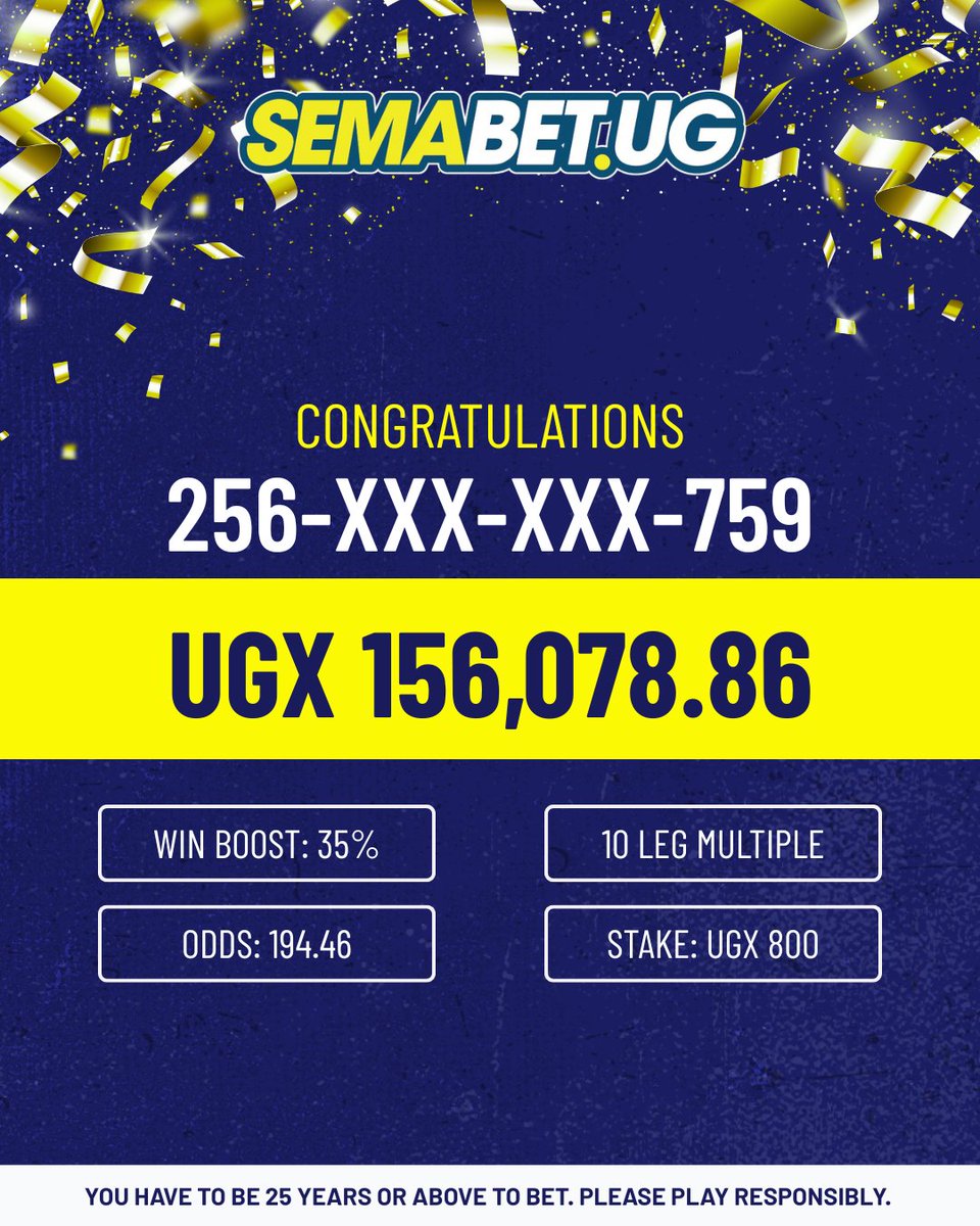 🎉 Congrats to Our Latest Winners! 🎉

Big wins and even bigger celebrations! Are you next? Keep playing and winning with semabet.ug 🏆

#MondayMotivation #Winners