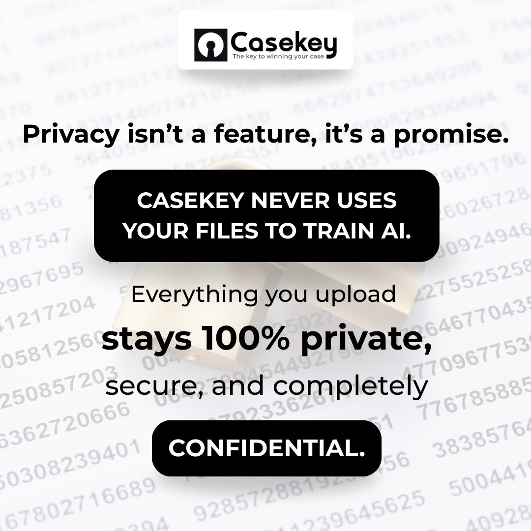 casekey_ai's tweet image. In law, privacy isn’t optional - it’s everything. ⚖️

With 𝗖𝗮𝘀𝗲𝗞𝗲𝘆, your documents are:
🔒 100% private
🔒 Secure &amp;amp; confidential
🔒 Never used to train AI
👉 Start your free trial today at casekey.ai

#LegalTech #CaseManagementSoftware #LawFirmSoftware