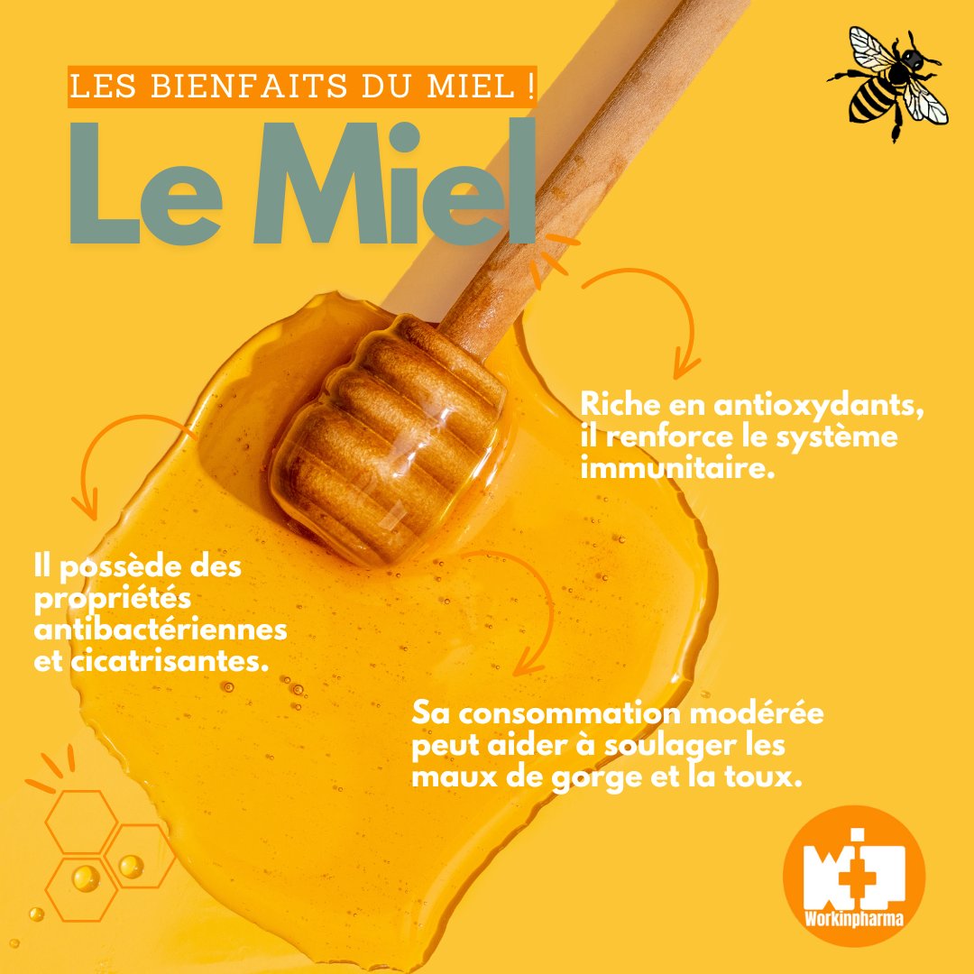 Workinpharma1's tweet photo. Les bienfaits du miel 🍯

Un trésor naturel aux multiples vertus  :
👉 Boost d’énergie 
👉 Apaisant pour la gorge 
👉 Antioxydant pour la santé
👉 Soin douceur pour la peau

#Miel #BienfaitsNaturels #SantéAuNaturel #BoostÉnergie #AstuceBienÊtre 🐝🧡 https://t.co/hBCy0MDNln
