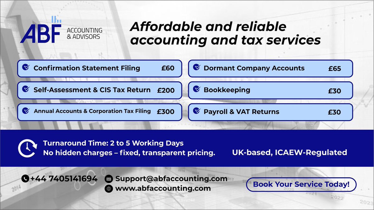 Oluomoofderby's tweet photo. Attention Business Owners & Sole Traders! 

Are you struggling to keep up with:
📌 Self Assessment
📌 Bookkeeping
📌 VAT & Tax Returns
📌 Payroll (even if you have just 1 employee)
📌 HMRC deadlines

You don’t have to do it all alone. 

At @ABFAccounting & Advisors, we take the stress off your hands so you can focus on growing your business.

Here’s what we offer:
✅ Monthly bookkeeping
✅ Annual Accounts
✅ Friendly support – no jargon
✅ Affordable plans designed for startups & small teams

💻 100% Online – We proudly serve clients all over the UK!

📞 Free consultation: +44 7405141694

📩 support@abfaccounting.com

Let us handle the numbers while you handle the business.
