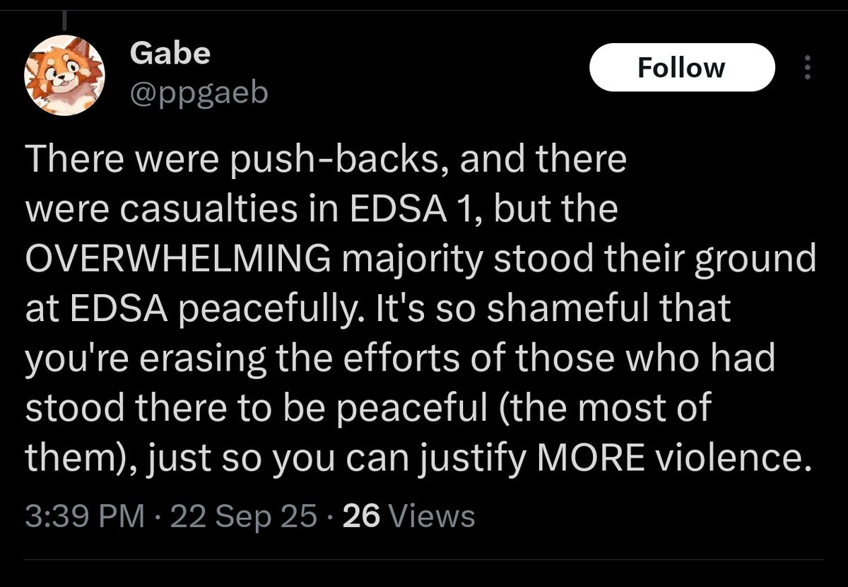 oranjessss's tweet image. "There were casualties" ikaw na rin ang nagsabi lol. So ano kakalimutan na rin natin yung "few" casualties? At diba nga napasok ang Malacañang? Bloodless does not equate peaceful.