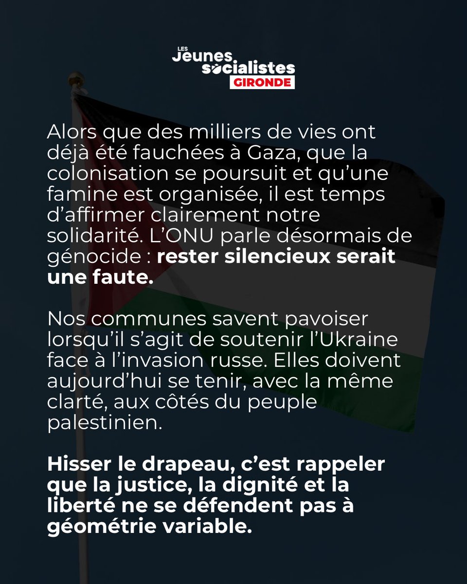 En cette journée historique, les jeunes socialistes de Gironde appellent le maire de Bordeaux <a href="/PierreHurmic/">Pierre HURMIC</a> à pavoiser l’hôtel de ville du drapeau palestinien. 
Et plus généralement nous appelons toutes les mairies de Gironde à hisser le drapeau sur le fronton de leurs mairies🇵🇸