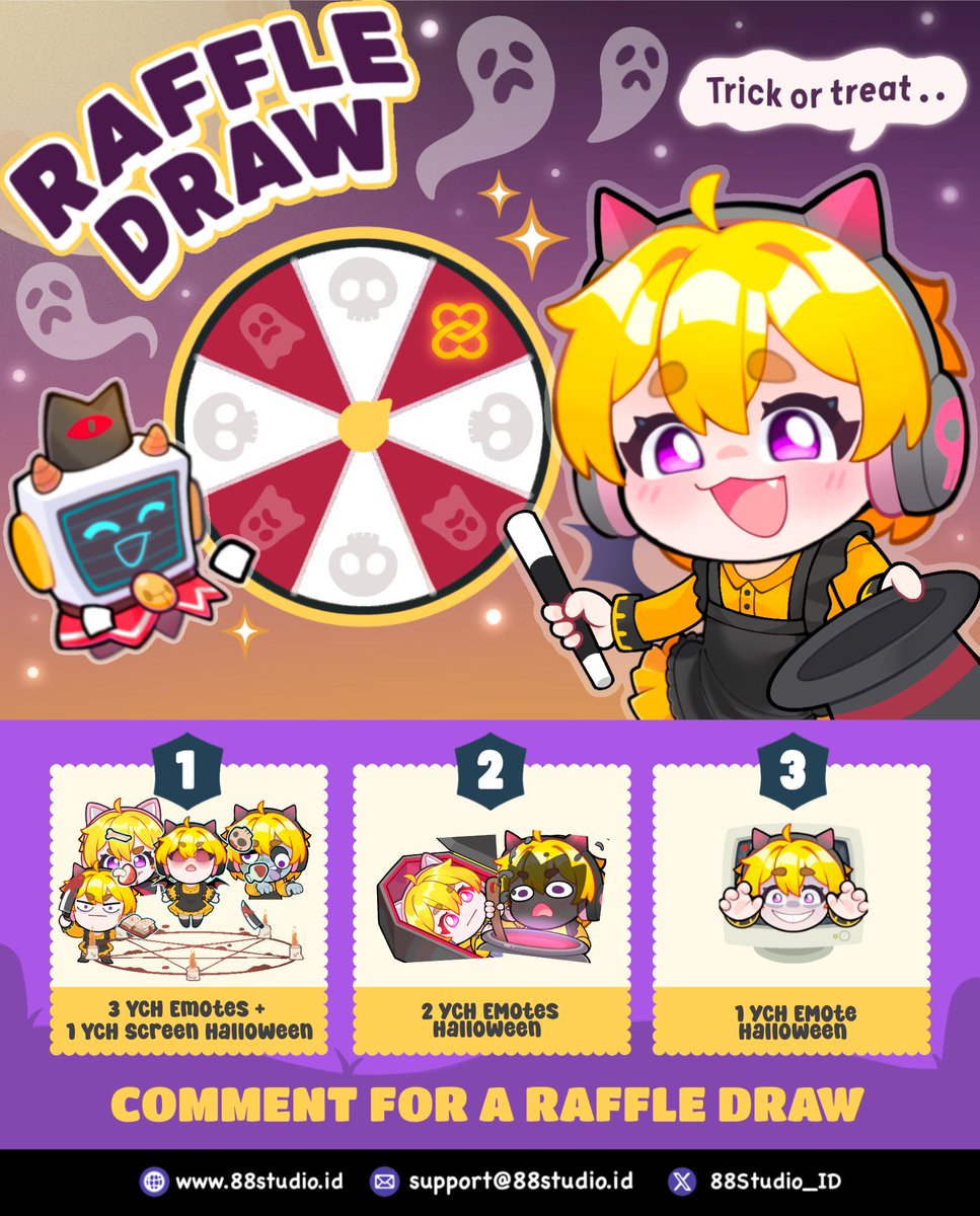 YCH HALLOWEEN ART RAFFLE 🎃
Trick or Treat! 👻 Spooky season is comin &amp; we wanna give you art-treats instead candies 🍬 

🏆 1st - get 3 YCH Halloween Emotes + 1 YCH Halloween Special Screen
🥈 2nd - get 2 YCH Halloween Emotes
🥉 3rd - get 1 YCH Halloween Emote

How to Enter: