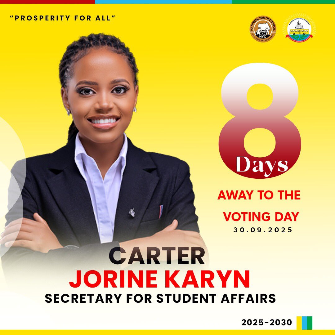 8 days to voting day! 

With bold plans to revamp student affairs by amplifying marginalized groups, pioneering sustainable solutions &amp; enhancing student participation in decision-making. 

Vote Carter for Secretary for Student Affairs and demand progress, equality &amp; prosperity.