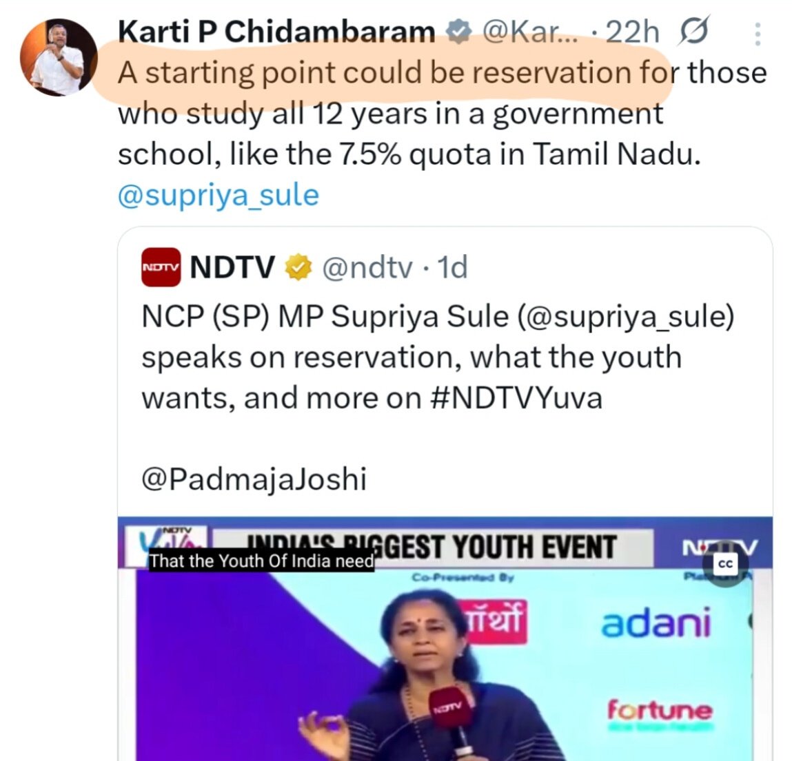 Yes!! General category is getting support.

Now Karti Chidambaram(Congress) is discussing the reform in Reservation policies.

Supriya sule has ignited the fire.
Thank you Supriya Ji!

We should keep supporting her.

Keep posting/commenting 👇
#We_Stand_With_Supriya