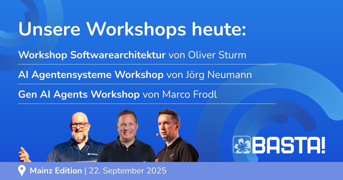 BASTAcon's tweet image. 💡 Heute startet die #bastacon in Mainz mit ganztägigen Praxis-Workshops!
.NET 10, DDD, C#, Architekturen & KI mit @DOTNETDOKTOR, @hschwentner, @rstropek, @olivers, @JoergNeumann & @marcofrodl.
👉 Los geht’s!
#dotnet #csharp #AI