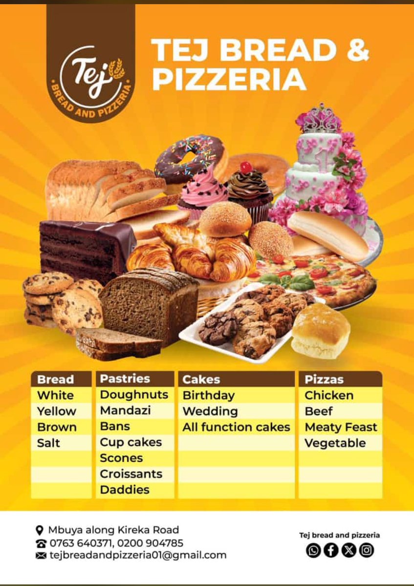 TEJ Bread and Pizzeria 🍞 🍕 (@tejbreadandpizz) on Twitter photo <a href="/tejbreadandpizz/">TEJ Bread and Pizzeria 🍞 🍕</a> we offer a delightful variety of baked goods and pizzas.
Our bread selection includes white, yellow, brown, and salt varieties, while pastries feature doughnuts, mandazi, bans, cupcakes, scones, croissants, and daddies.
Located in Mbuya
#TejBreadAndPizzeria <a href="/tejbreadandpizz/">TEJ Bread and Pizzeria 🍞 🍕</a> we offer a delightful variety of baked goods and pizzas.
Our bread selection includes white, yellow, brown, and salt varieties, while pastries feature doughnuts, mandazi, bans, cupcakes, scones, croissants, and daddies.
Located in Mbuya
#TejBreadAndPizzeria