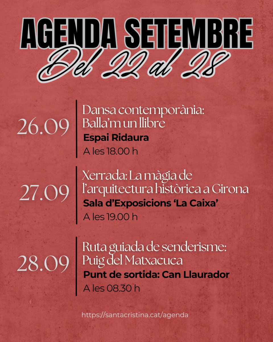 📣 Ja teniu disponible l'agenda amb les activitats programades per aquesta setmana, del 22 al 28 de setembre, a Santa Cristina d'Aro!

📲 Podeu consultar la programació completa del mes a santacristina.cat/actualitat/age…

#ajuntamentsantacristinadaro #santacristinadaro #setembre #agenda
