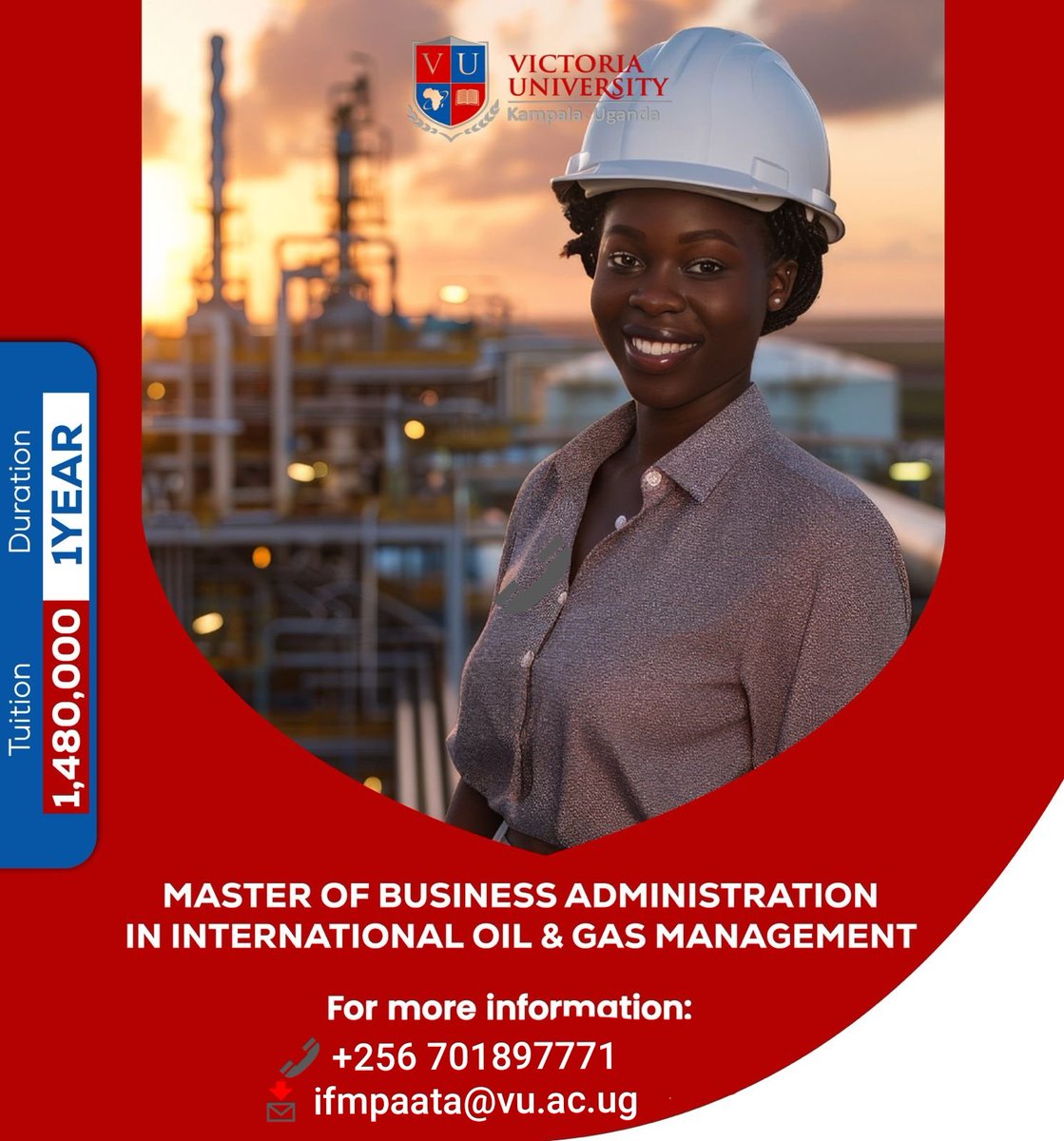 Ready to lead in the global 🌍 energy sector?
Join <a href="/VUKampala/">Victoria University, Kampala</a> this November Intake for an MBA in International Oil &amp; Gas Management 🎓

📌 Duration: 1 Year
📌 Tuition: UGX 1,480,000

Apply now 👉 ifmpaata@vu.ac.ug
📞 +256 701 8977 
#OilAndGas  #VUAdmissions