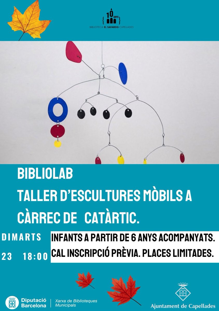 Demà dimarts la Biblioteca El Safareig organitza un taller d'escultures mòbils a càrrec de Catàrtic.
Està pensat per a infants a partir d 6 anys, acompanyats.
Cal inscripció prèvia ja que les places són limitades.
Es farà a les 6 de la tarda.