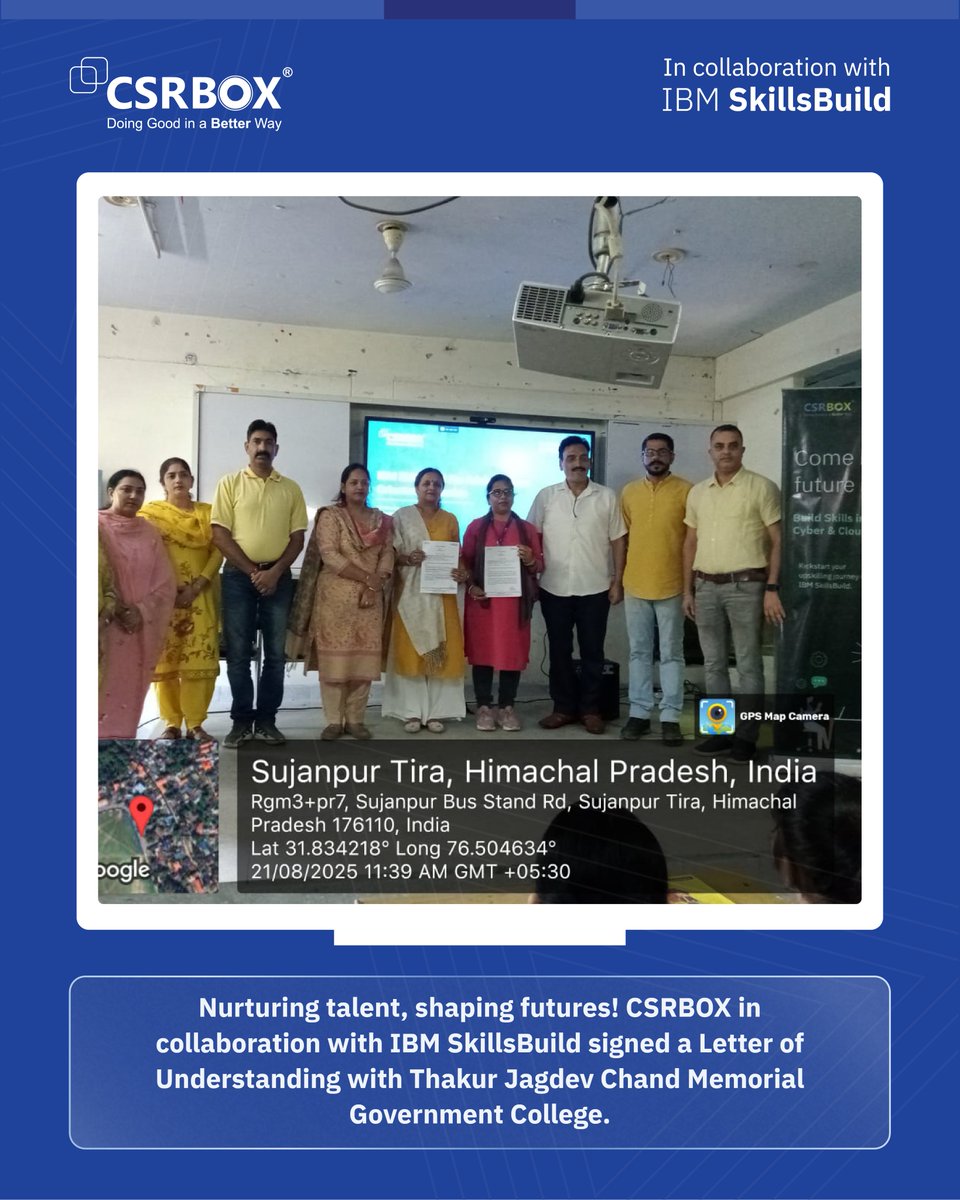 csrboxorg's tweet image. CSRBOX in collaboration with IBM SkillsBuild successfully signed a Letter of Understanding with Thakur Jagdev Chand Memorial Government College, Sujanpur Tira, Himachal Pradesh
#IBMSkillsBuild #CSRBOX #EducationForAll #FutureSkills #HimachalPradesh