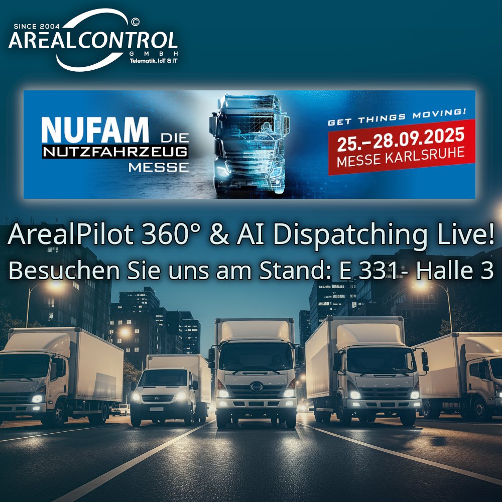 🚨 𝗠𝗲𝘀𝘀𝗲-𝗖𝗼𝘂𝗻𝘁𝗱𝗼𝘄𝗻 𝘇𝘂𝗿 𝗡𝗨𝗙𝗔𝗠 𝟮𝟬𝟮𝟱! 🚨
Drei Tage bis zur #NUFAM in Karlsruhe! 
Besuchen Sie uns vom 25. bis 28. September 2025 in Halle 3, Stand E331, und erleben Sie live, wie ArealPilot 360° &amp; #AI Dispatching Ihre #Logistik pusht!
