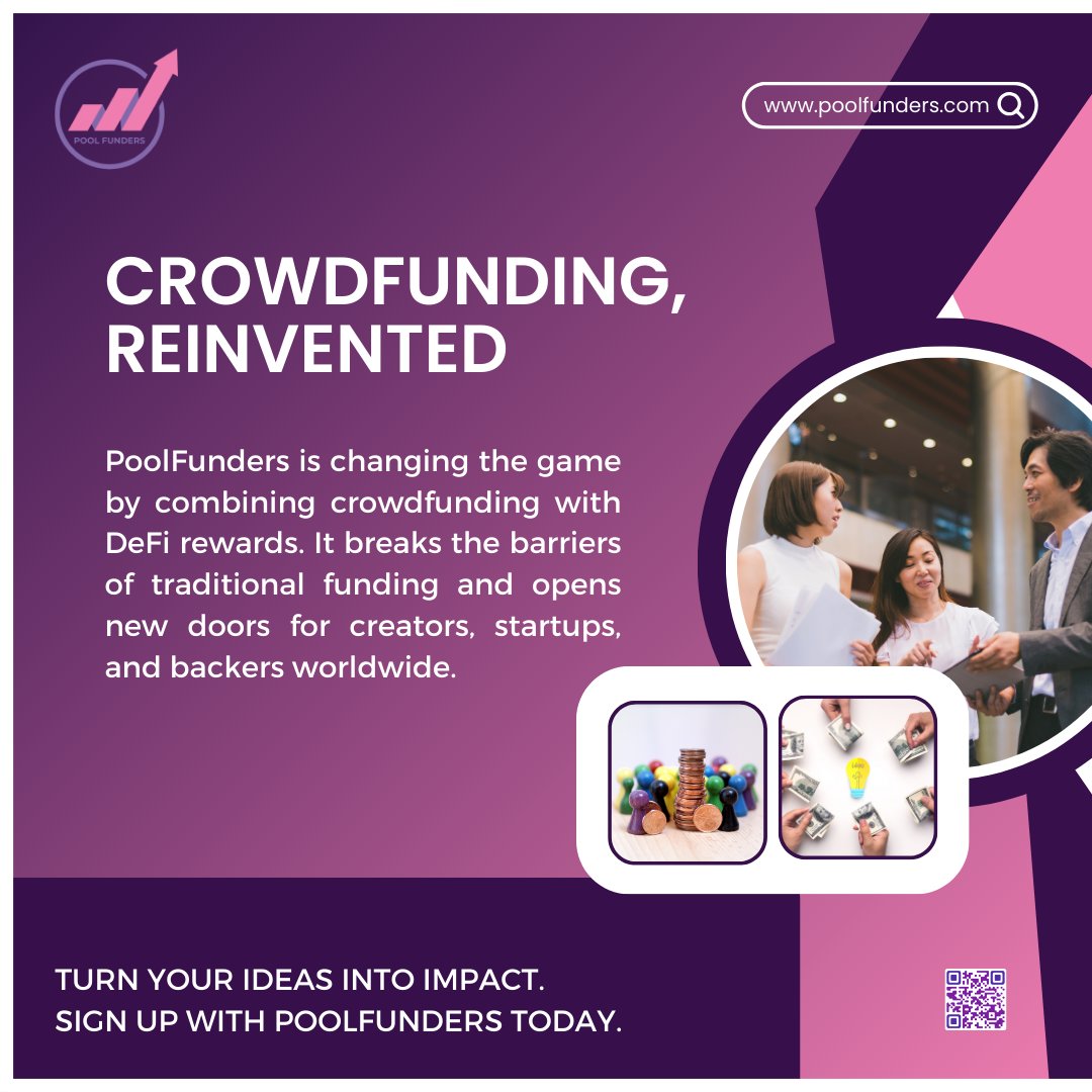 Crowdfunding, Reinvented!
.
➡️ Visit Us: poolfunders.com
➡️Start your campaign: lnkd.in/gpmNzbsP
➡️Join us: t.me/poolfunders
.
#PoolFunders #Crowdfunding #Startups #Creativity #Technology #Creators #Rewarding #Funding #Nomiddleman #Innovation #DeFi #Backers