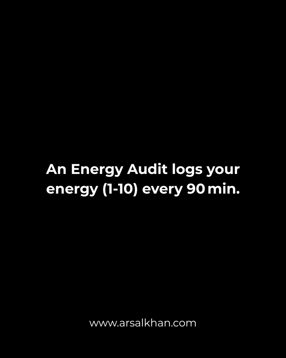 ArsalKYusufzai's tweet image. An Energy Audit tracks your energy (1-10) every 90 minutes—revealing peaks, dips, and leaks so you can design your day smarter.
#EnergyAudit #PeakPerformance #WorkSmart #Leadership #FocusAndClarity