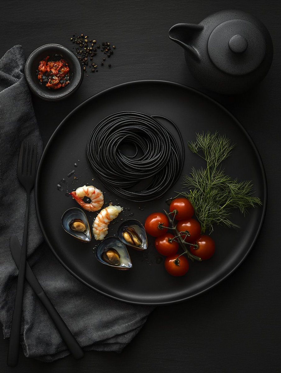 Bolotnykov's tweet photo. The “black cuttlefish” breakfast is an exquisite touch in a refined form. #aiart #aiartist https://t.co/JHJO7DQGda