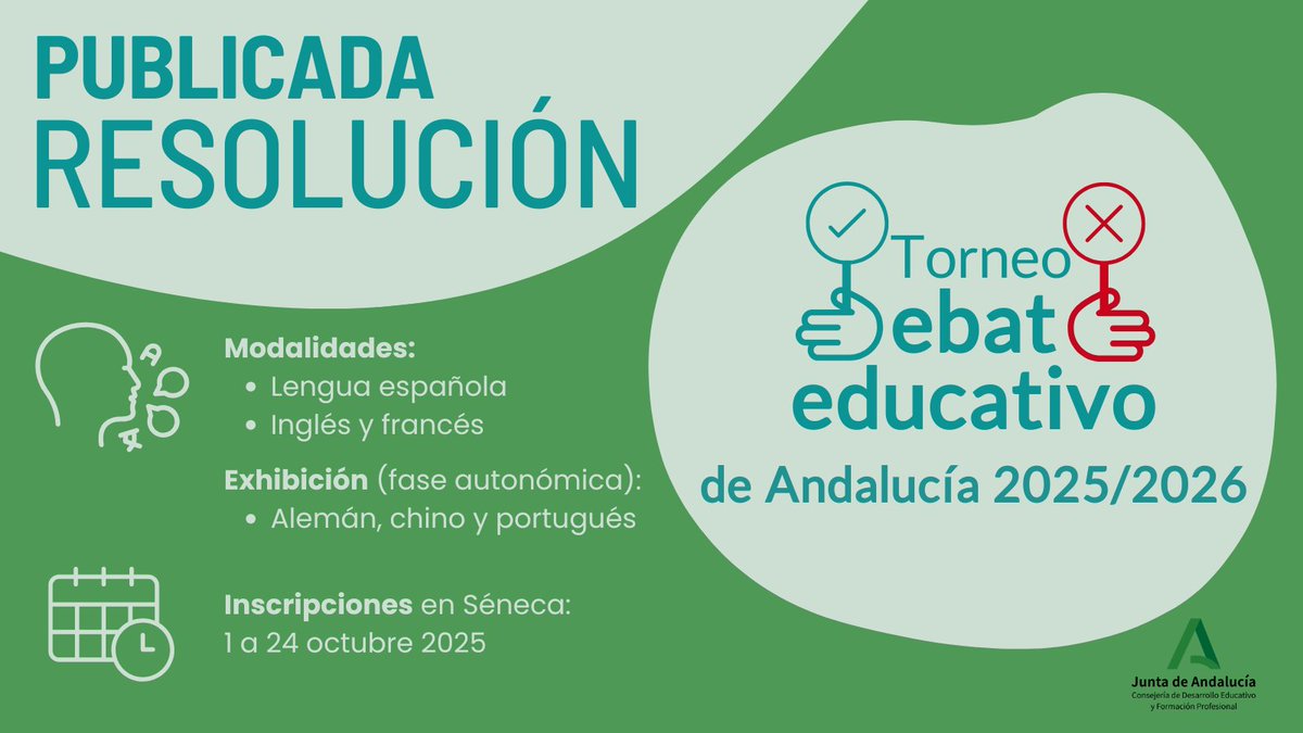 Publicada la Resolución por la que se convoca el V Torneo de Debate Educativo de Andalucía en sus modalidades de lengua española, inglés y francés, así como exhibición en alemán, chino y portugués🔗lajunta.es/5xjbh
<a href="/EducaAnd/">Consejería Desarrollo Educativo y FP</a> 
#TorneoDebateEducativoAnd
#PluriAnd