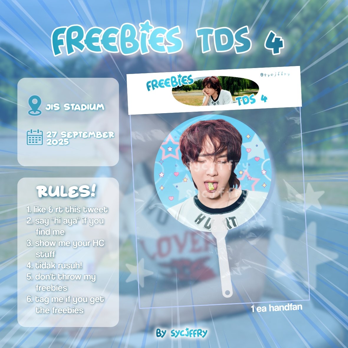 sycjffry's tweet photo. ✮⋆˙𝙁𝙧𝙚𝙚𝙗𝙞𝙚𝙨 𝙏𝙝𝙚 𝘿𝙧𝙚𝙖𝙢 𝙎𝙝𝙤𝙬 𝟰 𝙞𝙣 𝙅𝙆𝙏 𝙗𝙮 𝙨𝙮𝙘𝙟𝙛𝙛𝙧𝙮 ⋆˚࿔
📍JIS Stadium
🗓 27 Sept 2025 (day 1)
‼️ limited qty

☆ like &amp; rt this tweet
☆ strictly for sfs only 
☆ tag me if you get the freebies!

#TDS4inJAKARTA 
#THE_DREAM_SHOW_4_IN_JAKARTA https://t.co/B3AmOUfDGJ