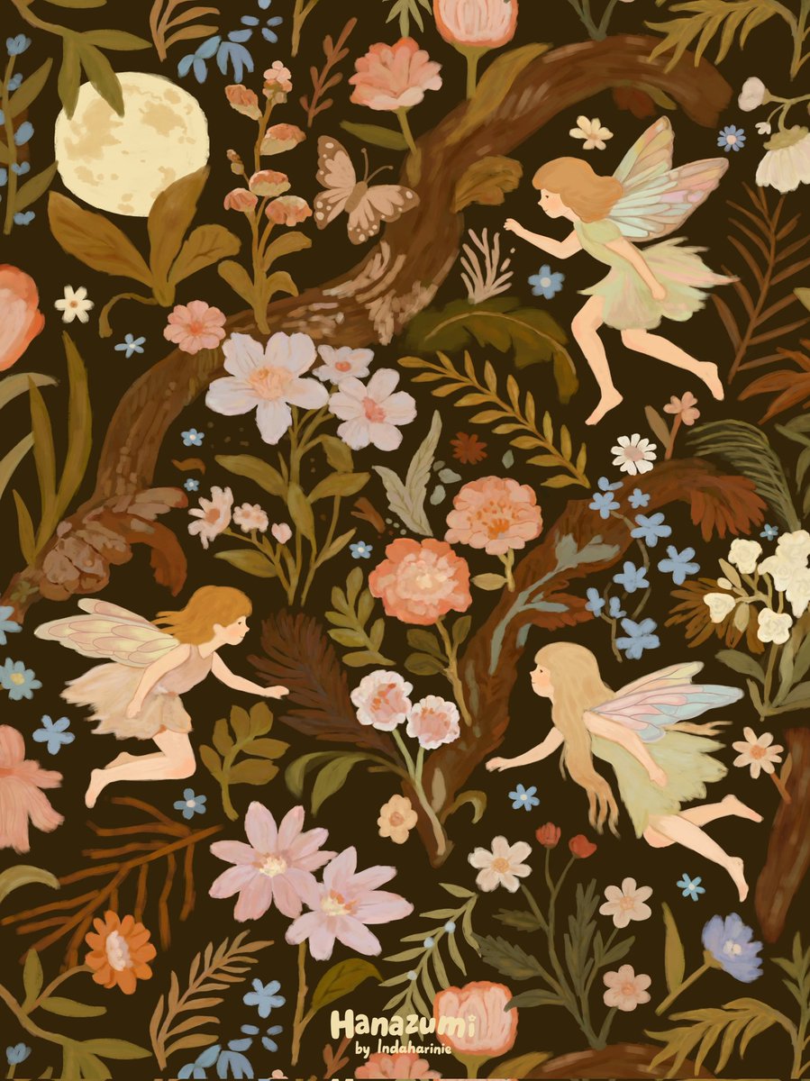 indaharinie_'s tweet image. I just finished a new pattern. This one was fun but also a little tricky balancing all the florals and making sure the fairies don’t get lost in the details and the whole thing flows like a little story 🌙🌸🧚
#patterndesign #pattern #illustration #surfacepatterndesign