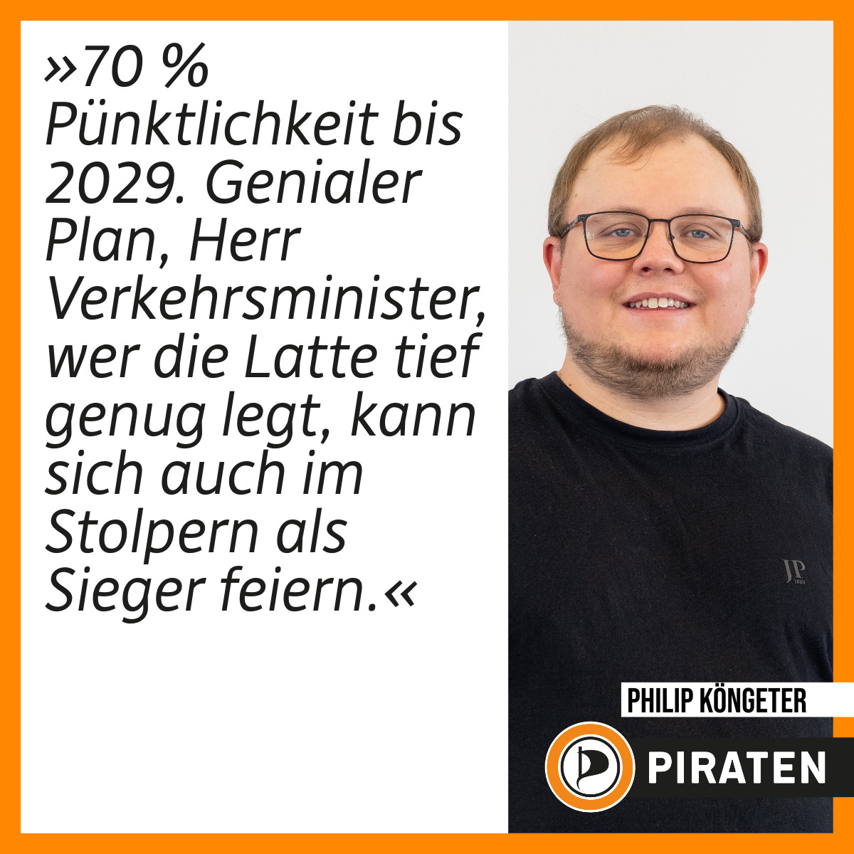 PiratenBW's tweet image. #Bundesverkehrsminister Schnieder senkt die Pünktlichkeitsziele der Bahn: 70 % erst bis 2029 statt 2026. 🤦♂️Politik à la „Anspruch runter, Problem weg“. Herr Minister, das ist kein Plan für die #Verkehrswende, das ist ein schlechter Witz. #Bahn #Piraten