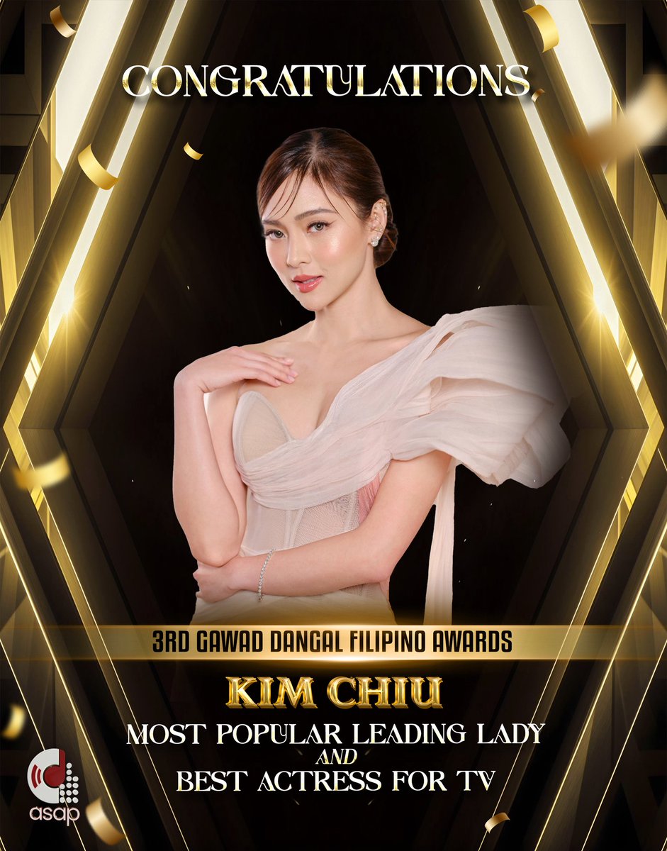 Congratulations to Kim Chiu for taking home two major awards at the 3rd Gawad Dangal Filipino Awards — Best Actress for TV and Most Popular Leading Lady! ✨🏆 Your ASAP family is proud of you! 👏❤️