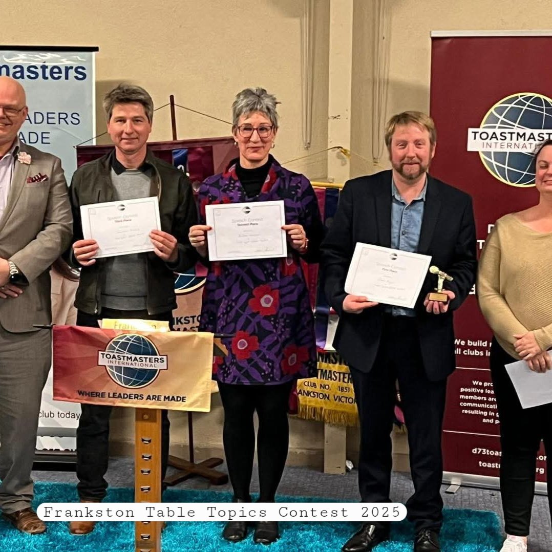 Great Frankston Club Contests saw two first-time winners with a returning champion.  Andrea (humorous &amp; evaluation) goes on to the area level in November. Congratulations to all involved.