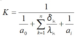 env_simulation's tweet image. 【用語解説】 
「熱貫流率」： 
熱貫流量は貼付の式で求めます。単位はＷ/(ｍ2・Ｋ)です。 
 
Ｋ：熱貫流率[Ｗ/(ｍ2・Ｋ)] 
α0：屋外側の熱伝達率[Ｗ/(ｍ2・Ｋ)] 
αi：室内側の熱伝達率[Ｗ/(ｍ2・Ｋ)] 
δｋ：ｋ番目の材料の厚さ[ｍ] 
λｋ：ｋ番目の材料の熱伝導率[Ｗ/(ｍ・Ｋ)]…