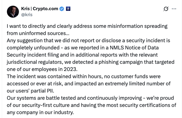 🔴COINTELGRAPH: Crypto.com: Il CEO Kris Marszalek risponde alle accuse di fuga di dati, definendole "infondate" e confermando una violazione della sicurezza nel 2023.