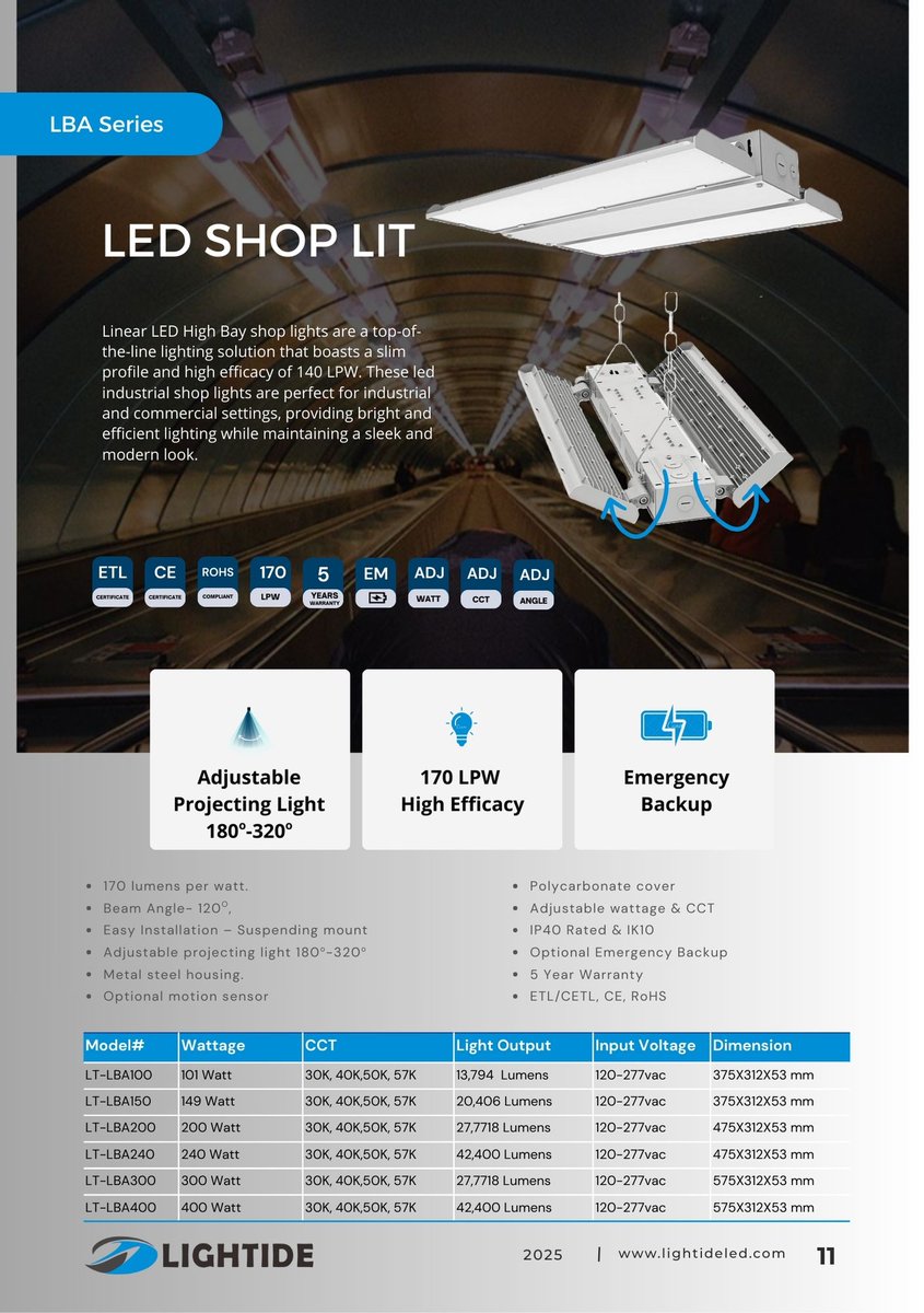 Brighten your space with our LED Linear High Bay Light Fixture!  Adjustable beam angle, 170 lumens per watt, optional emergency backup, ETL/CE certified &amp; backed by a 5-year warranty. Efficiency meets reliability! 💡 #LightingSolutions #LEDLights   lightideled.com/product/linear…