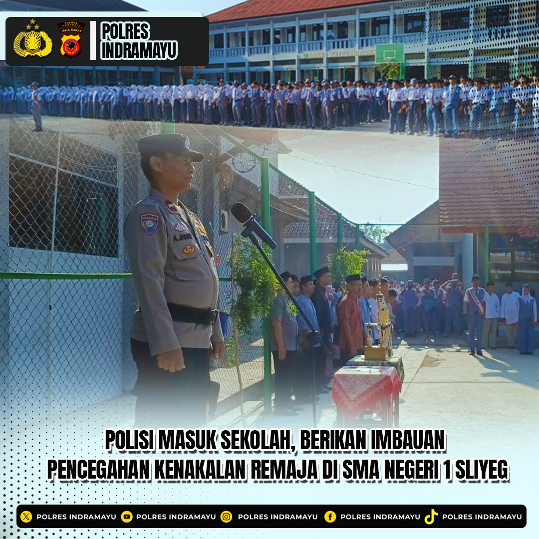 Kanit Binmas Polsek Sliyeg, Polres Indramayu Polda Jabar Aipda Akis J., S.H., M.H., memberikan himbauan kepada siwa dan siswi SMA Negeri 1 Sliyeg, Kecamatan Sliyeg, Kabupaten Indramayu, Senin (22/9/2025).