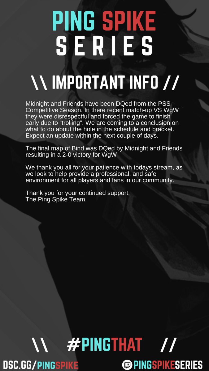 Update regarding Midnight and Friends after their match-up against WgW.

Thank you for your continued support as we hope to build a safe and professional community.

\ \ <a href="/VALORANT/">VALORANT</a> | <a href="/ValorCentral/">Valor Central</a> | #PingThat | #SpikeDown / /