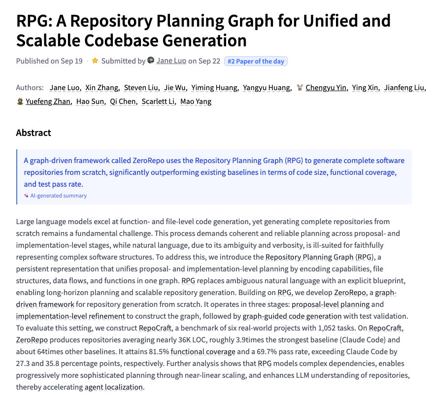 _akhaliq's tweet photo. RPG

A Repository Planning Graph for Unified and Scalable Codebase Generation https://t.co/Dc4WLGy6D3