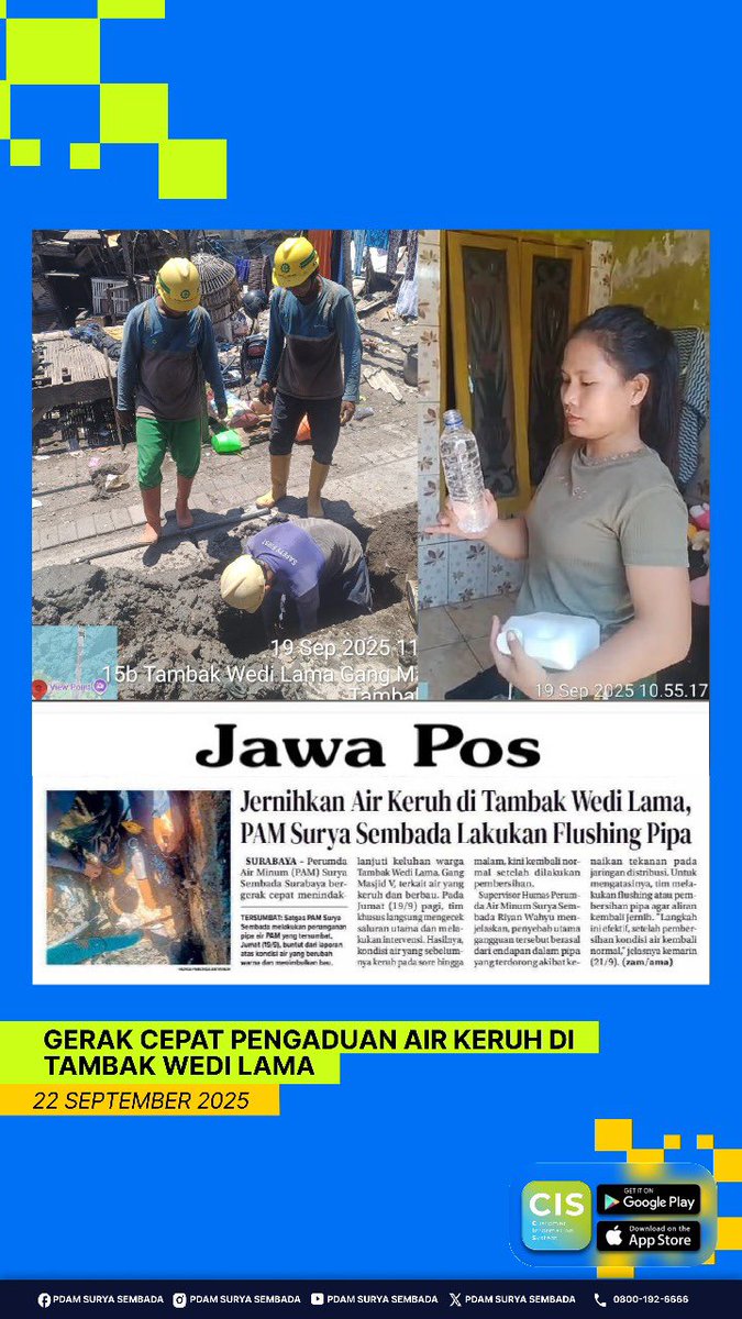 PDAMSurabaya's tweet photo. ๐งGerak Cepat Penjernihan Air Keruh di Tambak Wedi Lama๐ง
Petugas Perumda Air Minum Surya Sembada Kota Surabaya melakukan flushing pipa agar aliran air kembali jernih๐ท๐ฝโจ
#GerakCepat #PerumdaAirMinumSuryaSembada #Surabaya #Kenjeran #BeritaPDAMSby https://t.co/YAfMELxZMZ