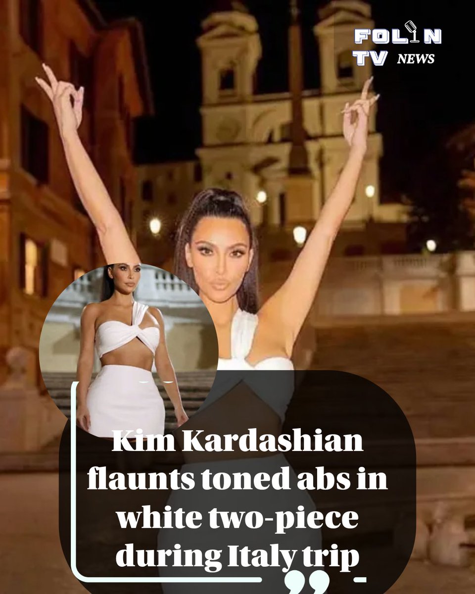 FOLINTV's tweet photo. Kim turns heads in Italy, showing off her toned abs in a chic white Alaรฏa two-piece while strolling Piazza del Duomo. Styled to perfection, she adds a touch of romance with a bouquet of red roses ๐น๐ฎ๐น #KimKardashian #ItalyStyle #Alaia #FashionIcon #RedRose #TravelLooks #StreetStyle
