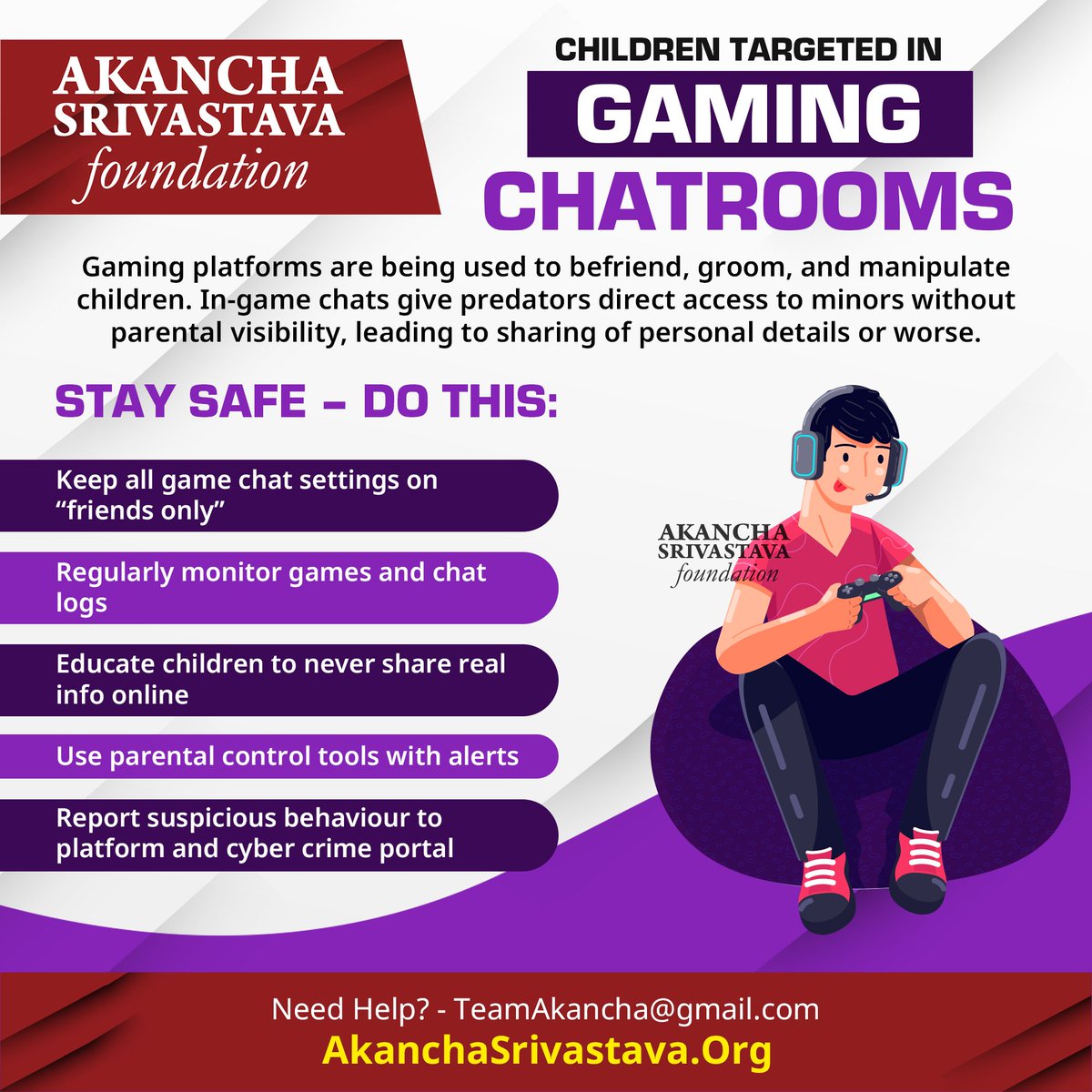 Gaming chat rooms are a breeding ground for predators. Parents, talk to your kids about perils of sexting, stranger danger. Keep a watch on which games they are playing ⛔
#AkanchaSrivastavaFoundation #CyberSafety #India #Children
