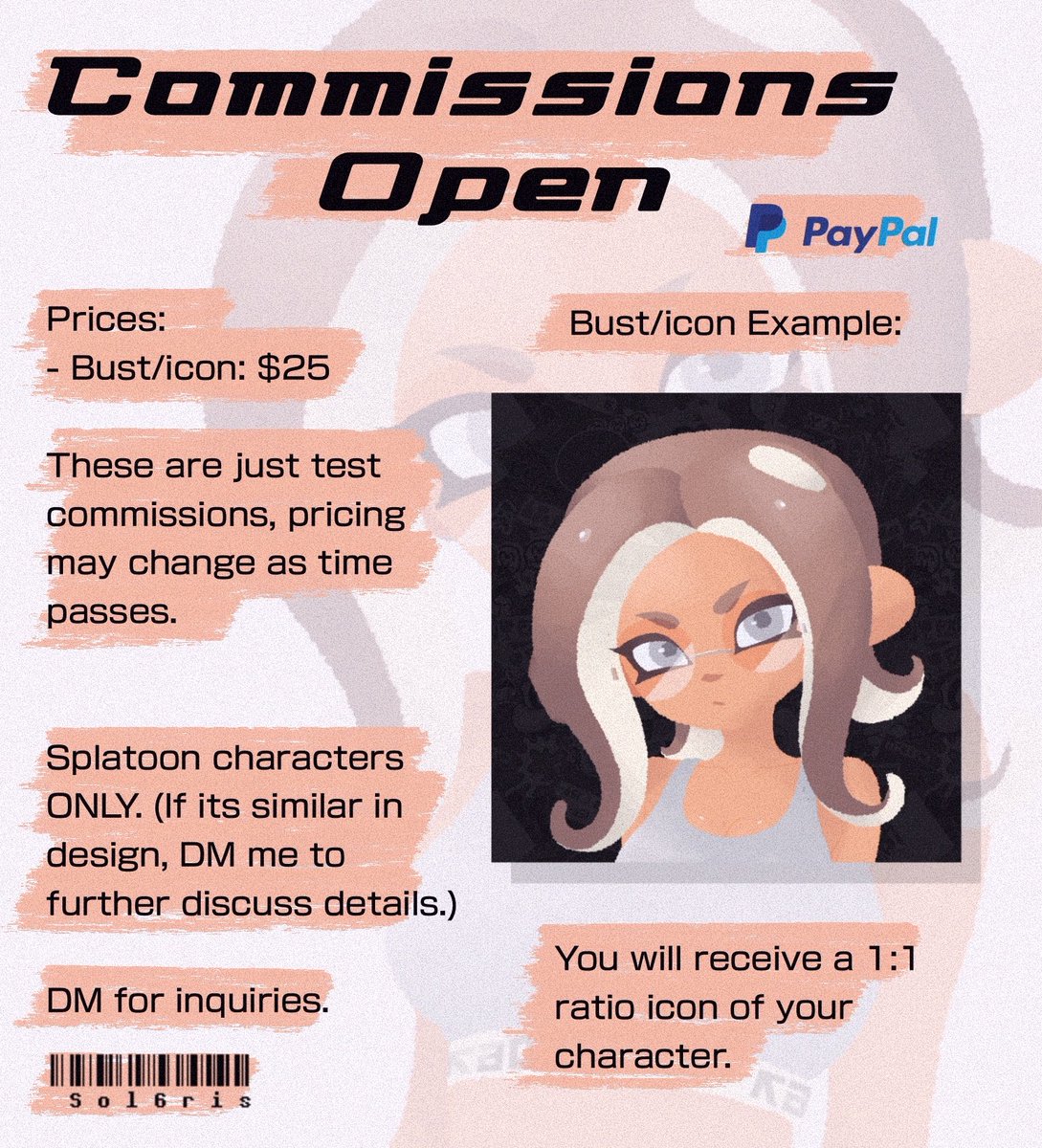 🦑 Commissions are OPEN! 🐙
splatoon bust/icons for $25.

You’ll receive a 1:1 ratio icon like the example below. These are test slots so prices might change later. 👁️

💌 Splatoon OCs only (or similar designs)
📩 DM me if interested.
🔁 rts appreciated.

ONLY 3 SLOTS! HURRY! ✍️