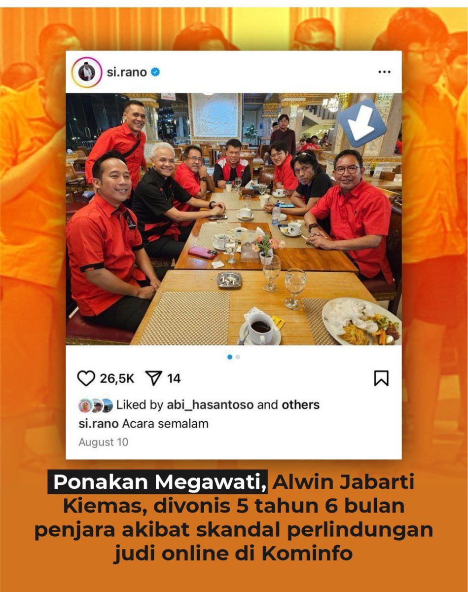 Ketok palu! 🔨🔨
Terbukti Alwin Jabarti Kiemas KEPONAKAN MEGAWATI BERSALAH.

Pengadilan Tipikor resmi menjatuhkan #VonisPonakanMegawati 5 tahun 6 bulan kasus perlindungan judi online di Kominfo.