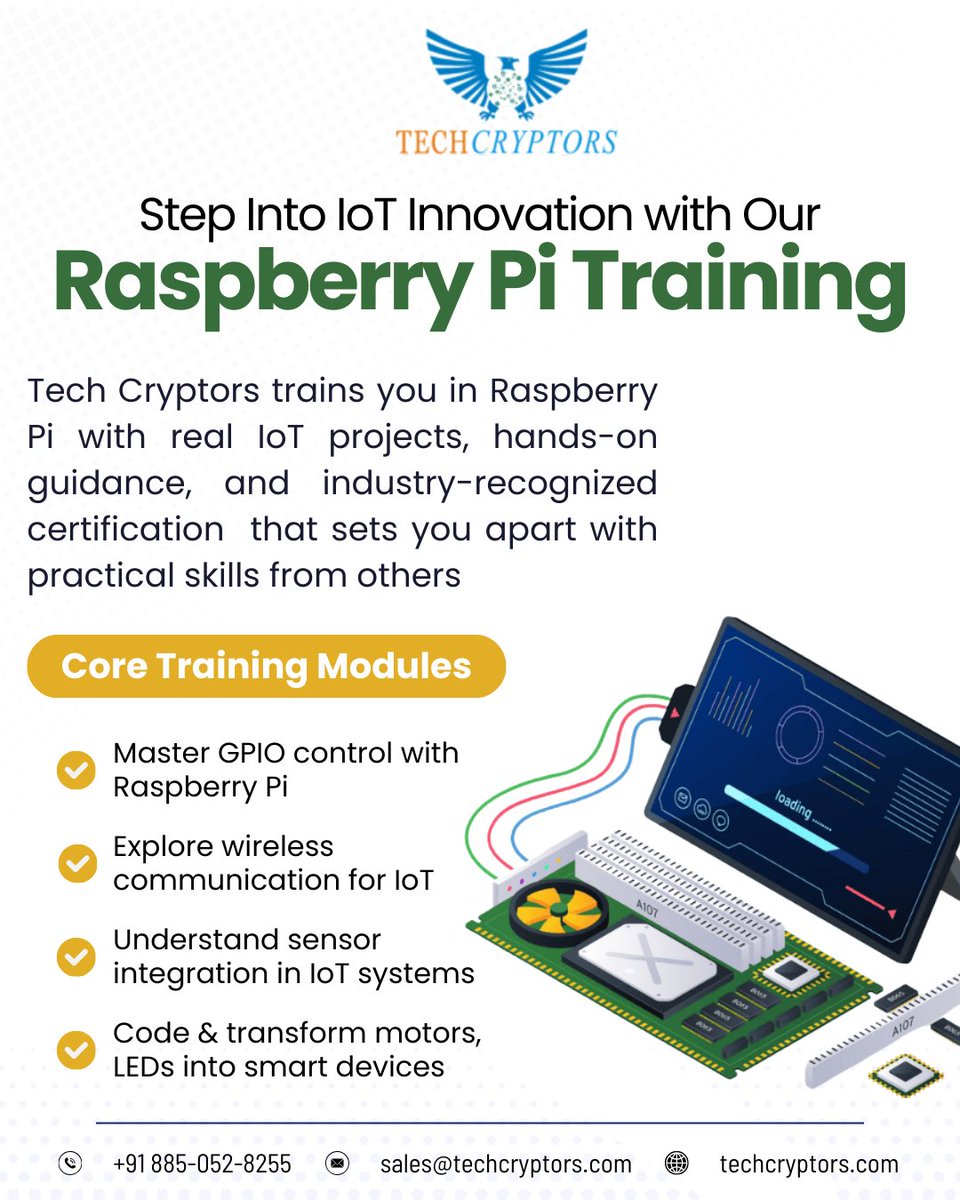 TechCryptors's tweet image. Step into the world of IoT innovation with our Raspberry Pi Training🤖
📞wa.me/918850528255
📩sales@techcryptors.com
🌐techcryptors.com
#RaspberryPi #IoT #DIYElectronics #RaspberryPiProjects #Python #Robotics #ITTraining #EmbeddedSystems #IoTProjects #Techcryptors