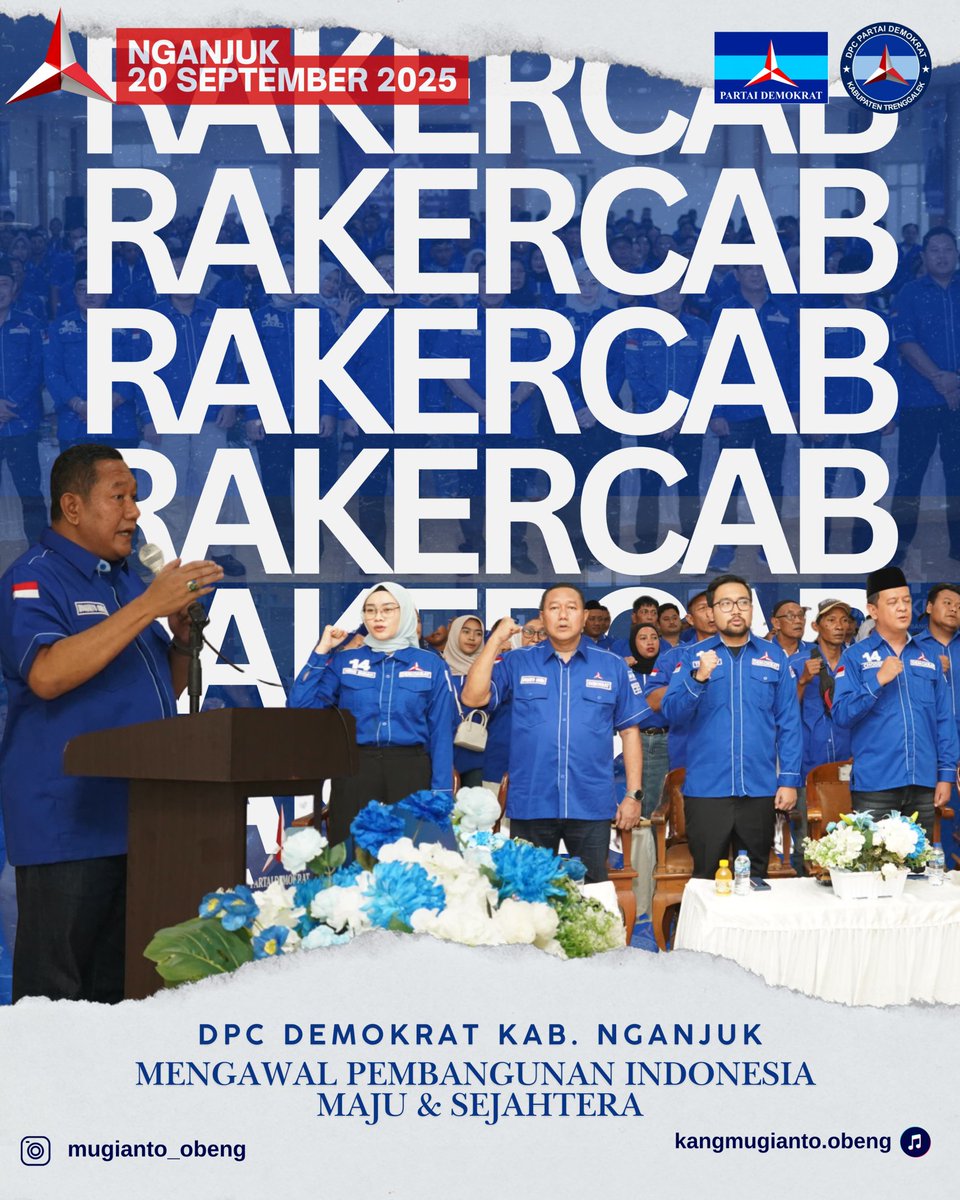 KangMugiObeng's tweet photo. Rapat Kerja Cabang (Rakercab) DPC Partai Demokrat Nganjuk berjalan sukses.
Dengan tema "Mengawal Pembangunan Indonesia Maju dan Sejahtera", kami mengkonsolidasikan kekuatan internal dan merumuskan langkah konkret untuk kemajuan Kabupaten Nganjuk. #fyp #demokrat #ahy #kangobeng https://t.co/U9s9RkI1HV