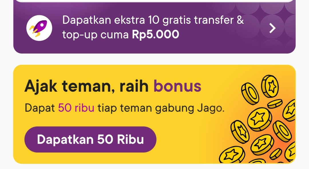 Yuk gabung &amp; buat akun Jago Syariah, kamu bisa dapetin Rp50.000 lho.
Caranya:
1. Klik jagobanking.onelink.me/9ryZ/1akfgjrv
2. Download aplikasi Jago
3. Kamu harus pilih Jago Syariah &amp; selesaikan registrasimu
4. Lalu, masukkan kode referral RAHC019F
Tunggu apa lagi? Ayo rame-rame jadi Jagoan!