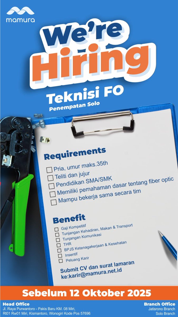 lokersoloraya's tweet image. 📢 MAMURA sedang membuka lowongan!
📍 Penempatan: Solo

📩 Kirim CV &amp;amp; Surat Lamaran:
karir@mamura.net.id
⏳ Deadline: 12 Oktober 2025

#LokerSolo #LokerWonogiri #AccountManager #TeknisiFO #Mamura #LokerTeknisi #KarirSolo #JobVacancy #WeAreHiring #SoloRayaJobs #KarirWonogiri