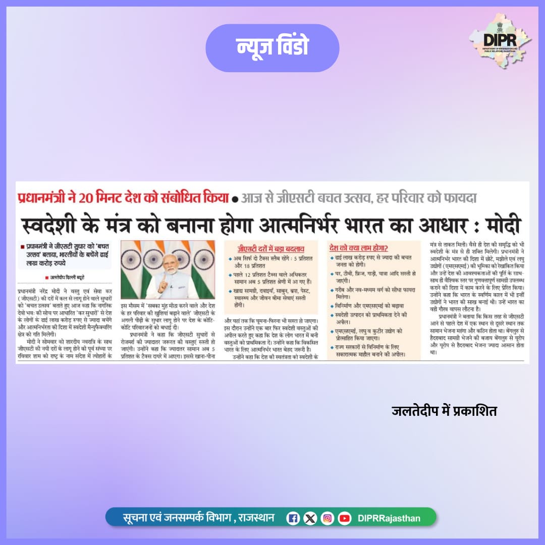 सुर्खियों में राजस्थान...

<a href="/BhajanlalBjp/">Bhajanlal Sharma</a> <a href="/KumariDiya/">Diya Kumari</a> <a href="/DrPremBairwa/">Dr Prem Chand Bairwa</a>
<a href="/RajCMO/">CMO Rajasthan</a> <a href="/RajGovOfficial/">Government of Rajasthan</a>

#DIPRRajasthan #Rajasthan #rajasthannews
#आपणो_अग्रणी_राजस्थान