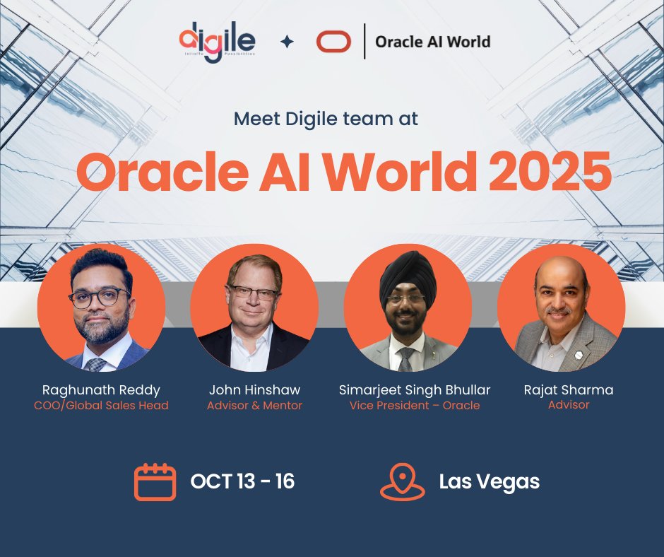 DigileTechnolo1's tweet image. We’re excited to announce that the Digile team will be attending Oracle AI World 2025, happening on October 13–16, 2025, in Las Vegas!

Let’s connect at the event for discussions that can be leveraged into meaningful strategies.

#Digile #OracleAIWorld #AIInnovation #OracleCloud