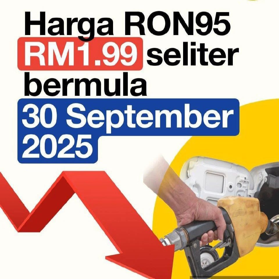 GoAutoGroupHQ's tweet photo. Harga baharu petrol RON95 bersubsidi pada kadar RM1.99 seliter akan mula berkuat kuasa pada 30 September 2025.

Kerajaan menetapkan siling kelayakan 300 liter sebulan untuk semua rakyat Malaysia. https://t.co/fK2B4EPjLL
