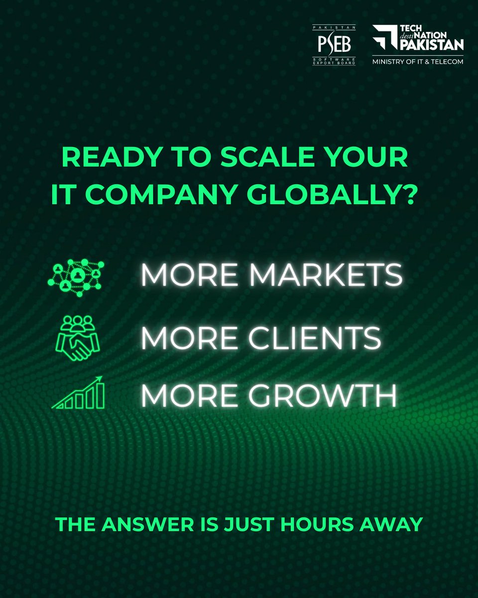 PSEB's tweet image. A bold new chapter is about to unfold - one that will transform how we innovate, expand, and lead on the global tech stage.

Get ready to scale your IT company globally with:
More Markets
More Clients
More Growth

#skilltechpakistan #BuildingTomorrow  #Skilltech #SkillTechPK