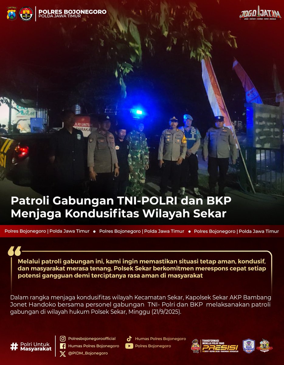 Patroli Gabungan TNI-POLRI dan BKP Menjaga Kondusifitas Wilayah Sekar

@divisihumaspolri
<a href="/spripim/">spripim_kepri</a>.polri
@humaspoldajatim
<a href="/gegana_id/">GelisahGalauMerana</a>

#netralitaspolri
#PresisiUntukIndonesia
#HumanisTegakkanHukum
#PolresBojonegoro
#PoldaJawaTimur